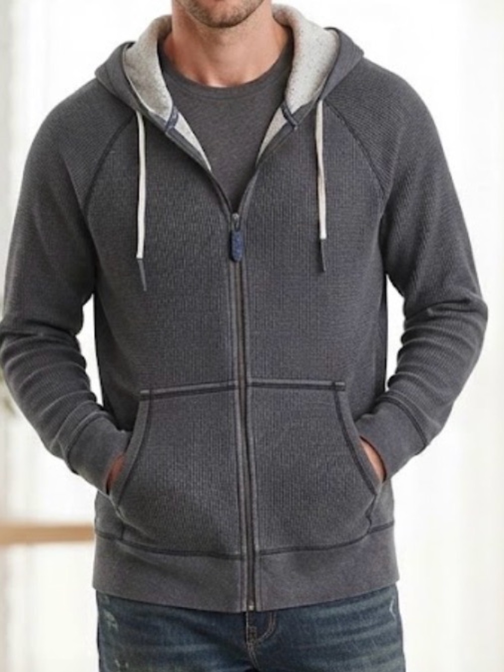 Tommy Bahama Thermal Knit Full Zip Hoodie Charcoal Lined Hood medium fisherman